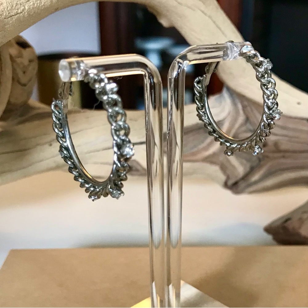CZ Curb Link Hoop Earrings Silver Grey Classic Chic